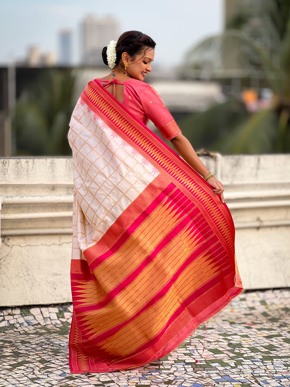 Cream Soft Silk Checks Traditional Zari Contrast Soft Silk Saree Paithani Saree Anant Tex Exports Pvt.Ltd..