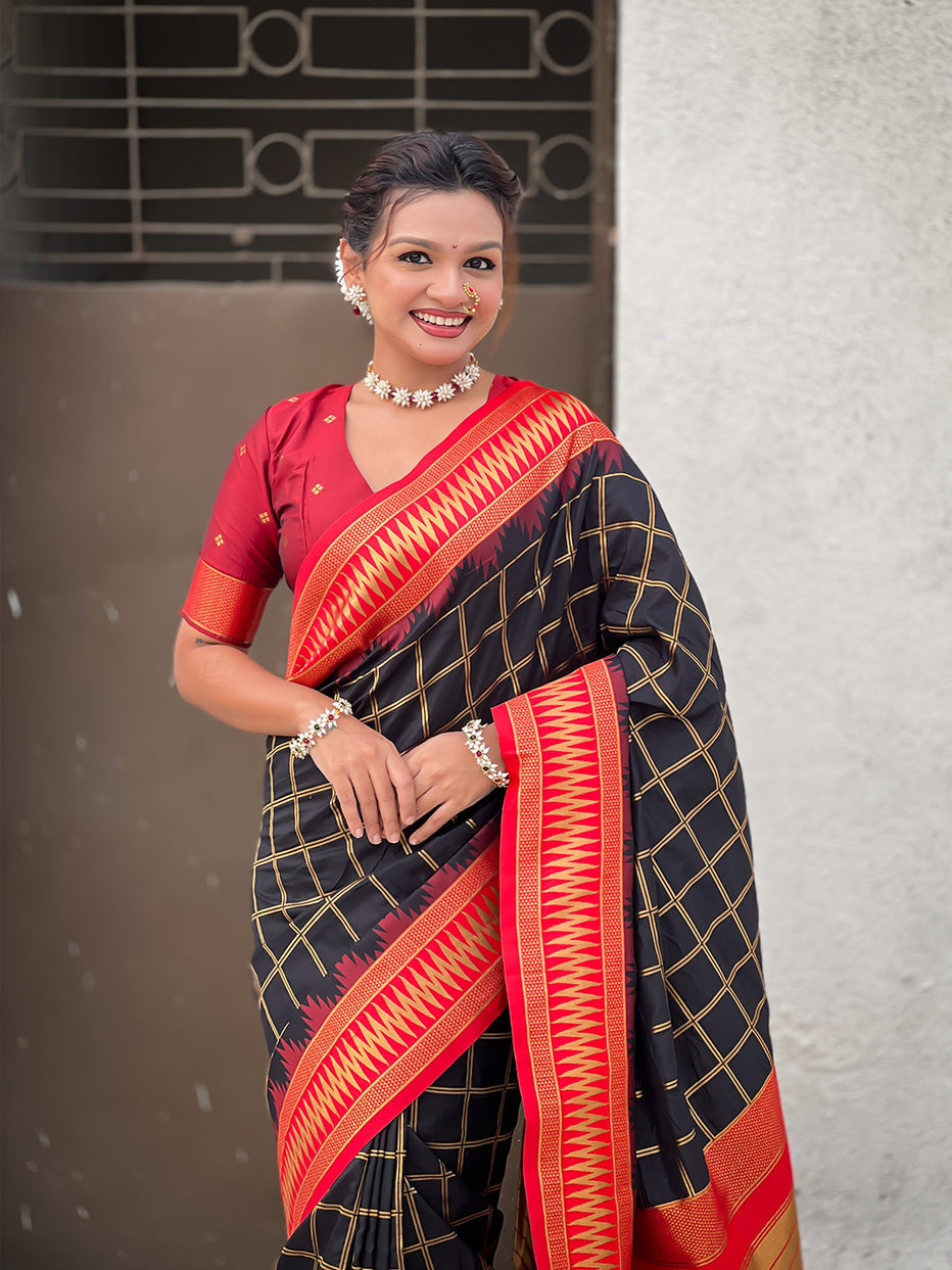 Black Soft Silk Checks Traditional Zari Contrast Soft Silk Saree