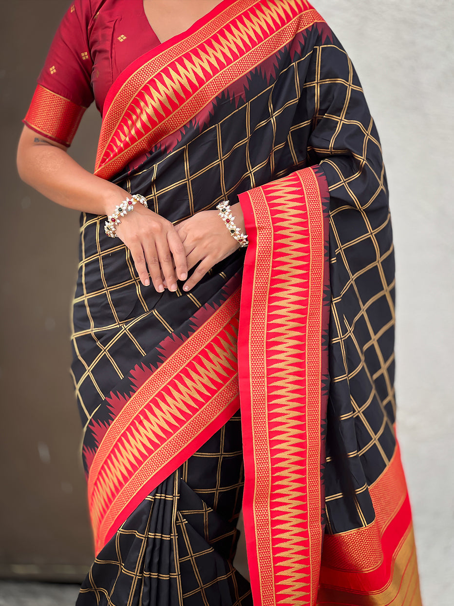 Black Soft Silk Checks Traditional Zari Contrast Soft Silk Saree