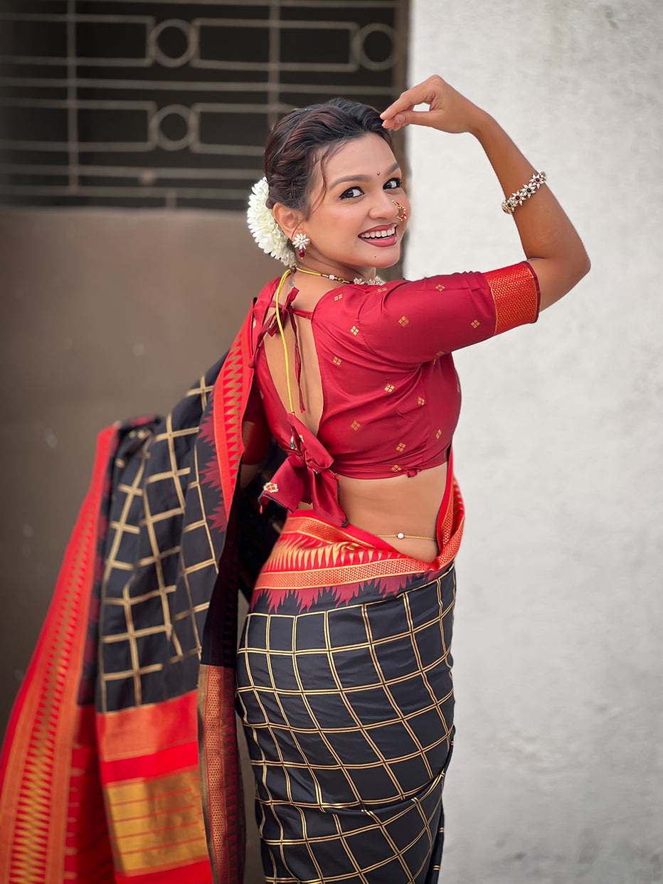 Black Soft Silk Checks Traditional Zari Contrast Soft Silk Saree