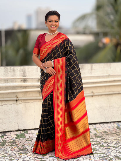 Black Soft Silk Checks Traditional Zari Contrast Soft Silk Saree Paithani Saree Anant Tex Exports Pvt.Ltd..