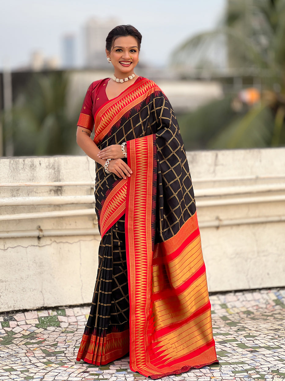 Black Soft Silk Checks Traditional Zari Contrast Soft Silk Saree