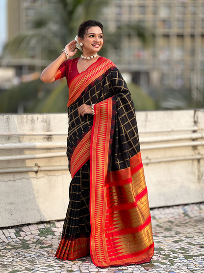 Black Soft Silk Checks Traditional Zari Contrast Soft Silk Saree Paithani Saree Anant Tex Exports Pvt.Ltd..