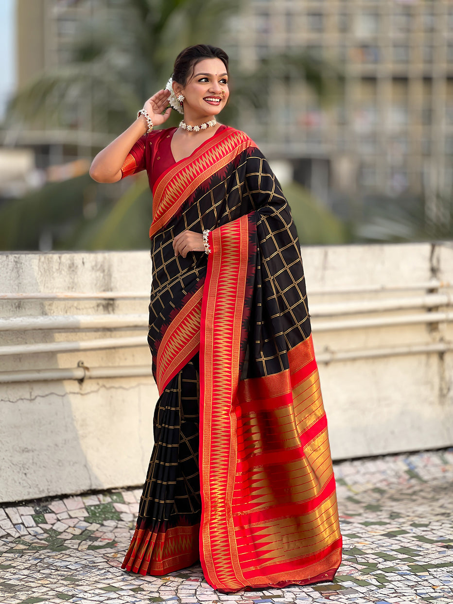 Black Soft Silk Checks Traditional Zari Contrast Soft Silk Saree