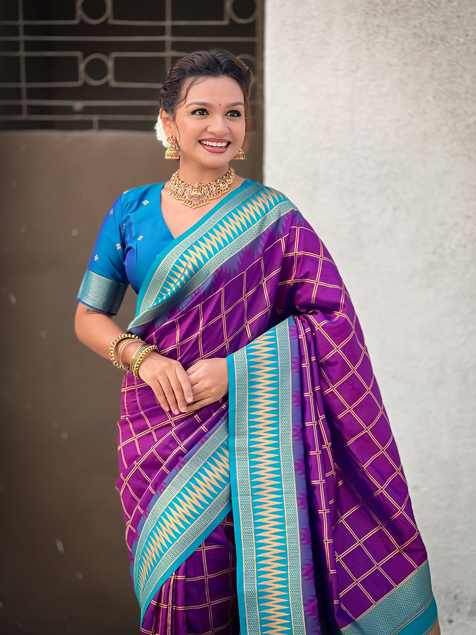 Purple Soft Silk Checks Traditional Zari Contrast Soft Silk Saree Paithani Saree Anant Tex Exports Pvt.Ltd..