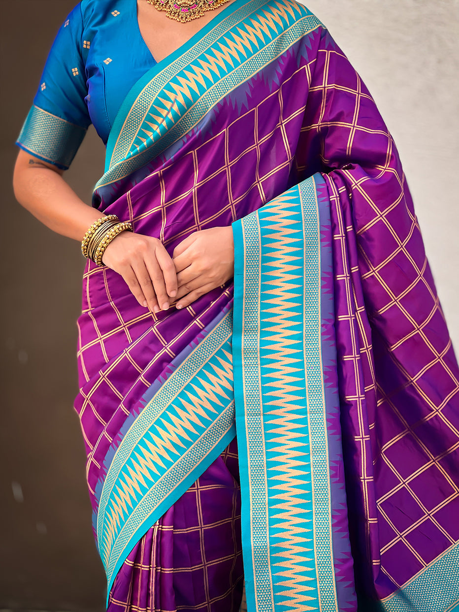 Purple Soft Silk Checks Traditional Zari Contrast Soft Silk Saree
