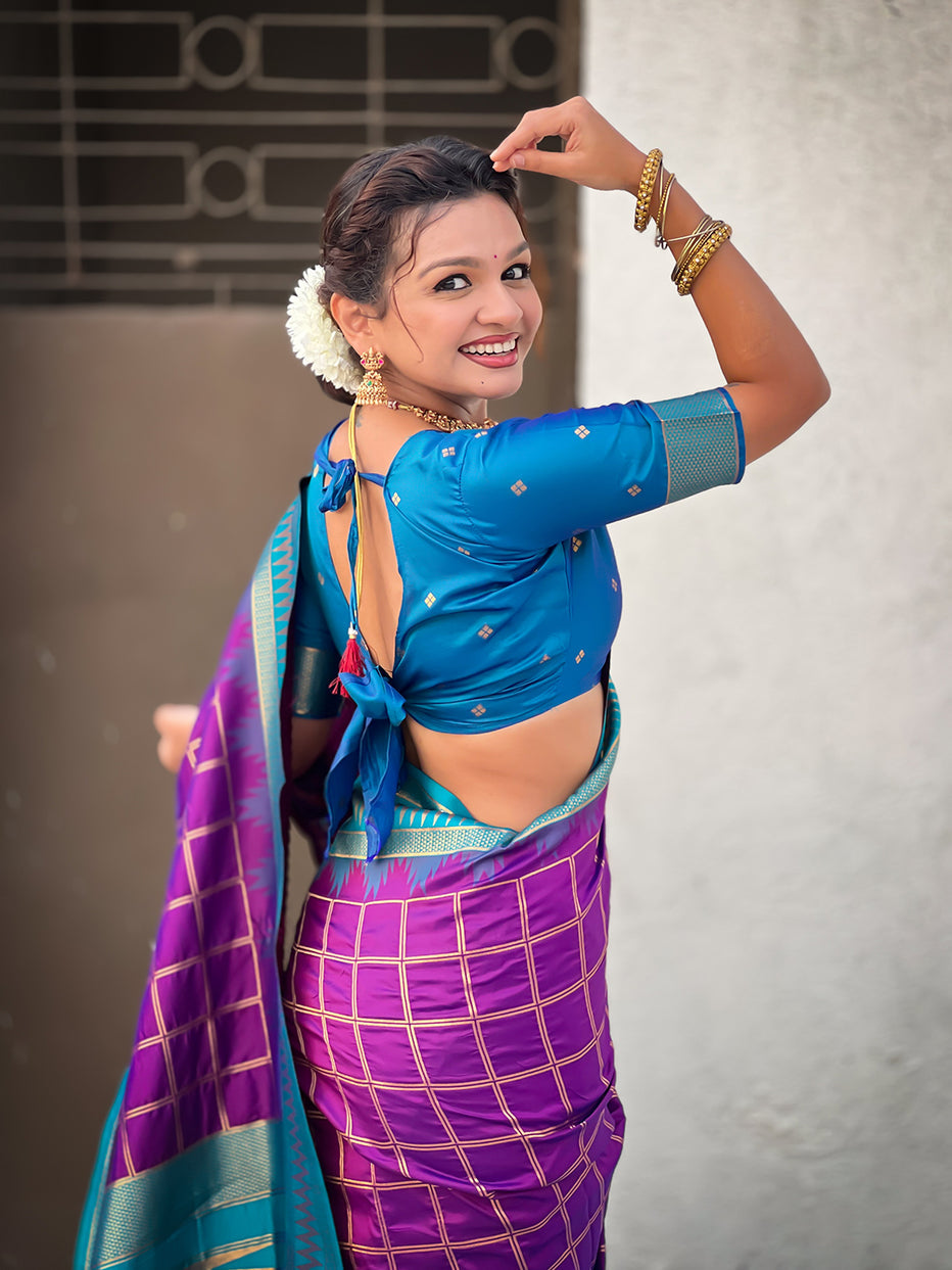 Purple Soft Silk Checks Traditional Zari Contrast Soft Silk Saree