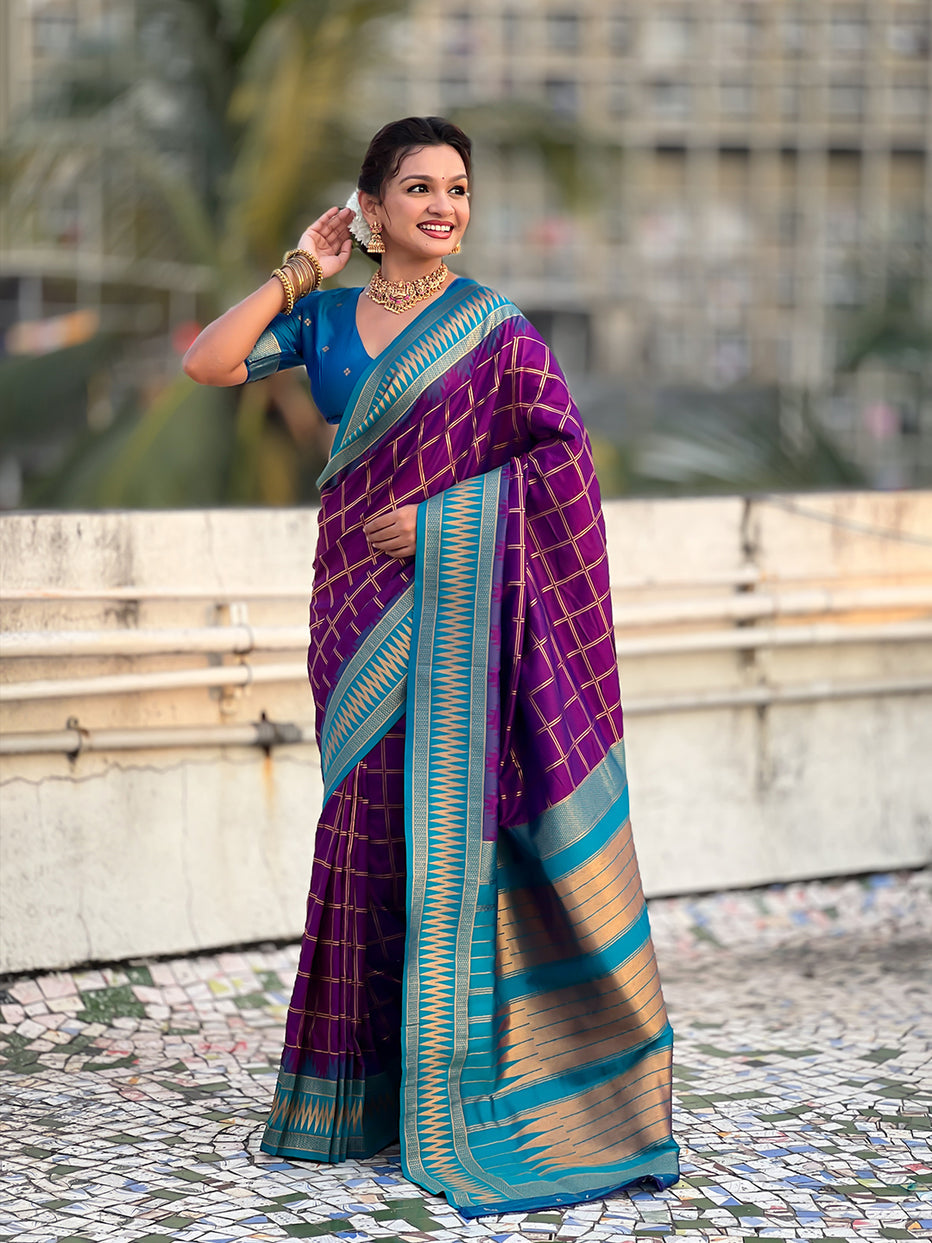 Purple Soft Silk Checks Traditional Zari Contrast Soft Silk Saree
