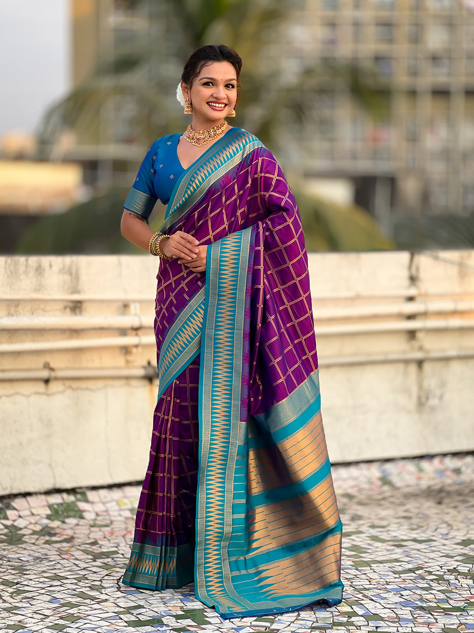 Purple Soft Silk Checks Traditional Zari Contrast Soft Silk Saree