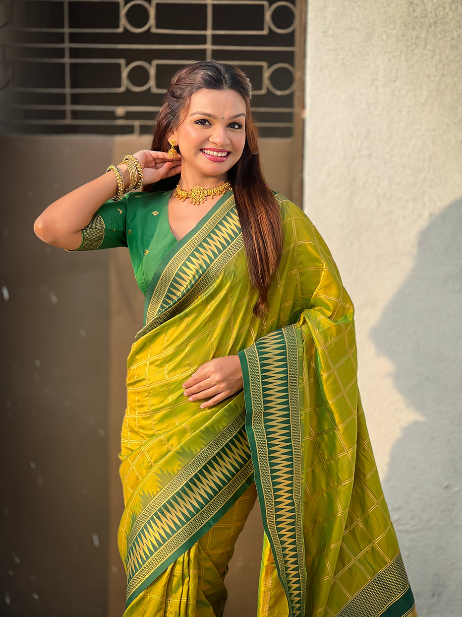 Mehendi Green Soft Silk Checks Traditional Zari Contrast Soft Silk Saree