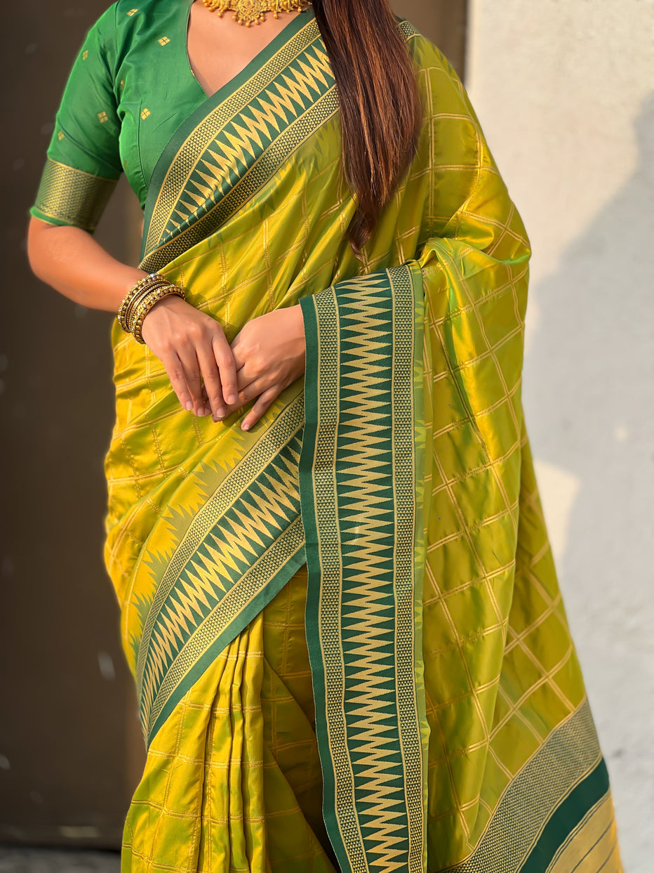 Mehendi Green Soft Silk Checks Traditional Zari Contrast Soft Silk Saree