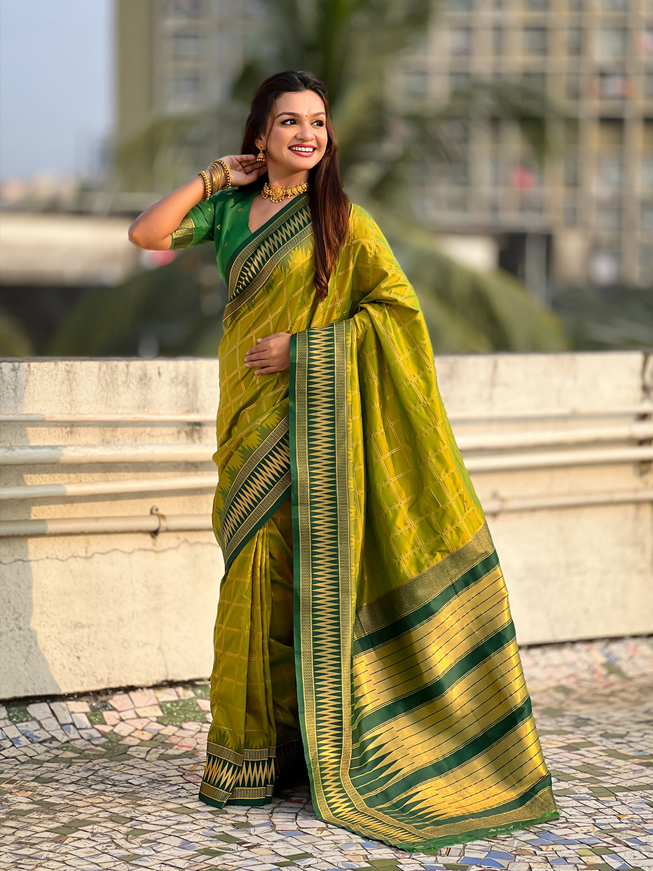 Mehendi Green Soft Silk Checks Traditional Zari Contrast Soft Silk Saree