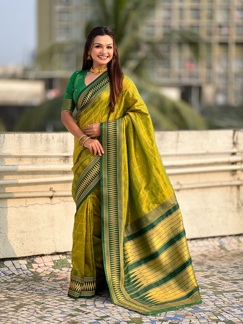 Mehendi Green Soft Silk Checks Traditional Zari Contrast Soft Silk Saree Paithani Saree Anant Tex Exports Pvt.Ltd..