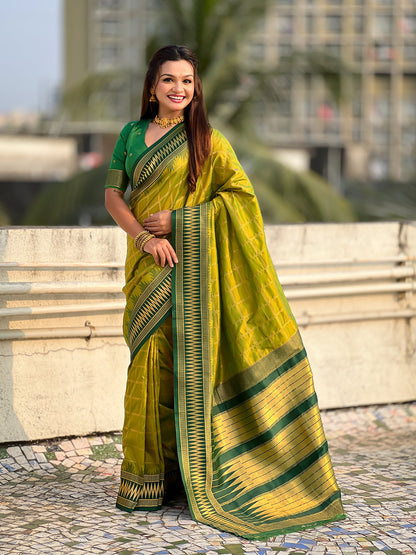 Mehendi Green Soft Silk Checks Traditional Zari Contrast Soft Silk Saree Paithani Saree Anant Tex Exports Pvt.Ltd..