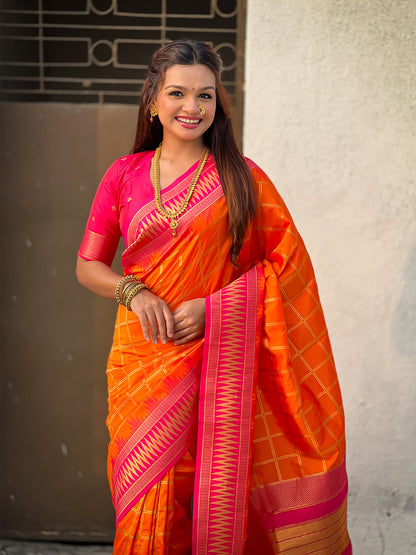 Orange Soft Silk Checks Traditional Zari Contrast Soft Silk Saree Paithani Saree Anant Tex Exports Pvt.Ltd..