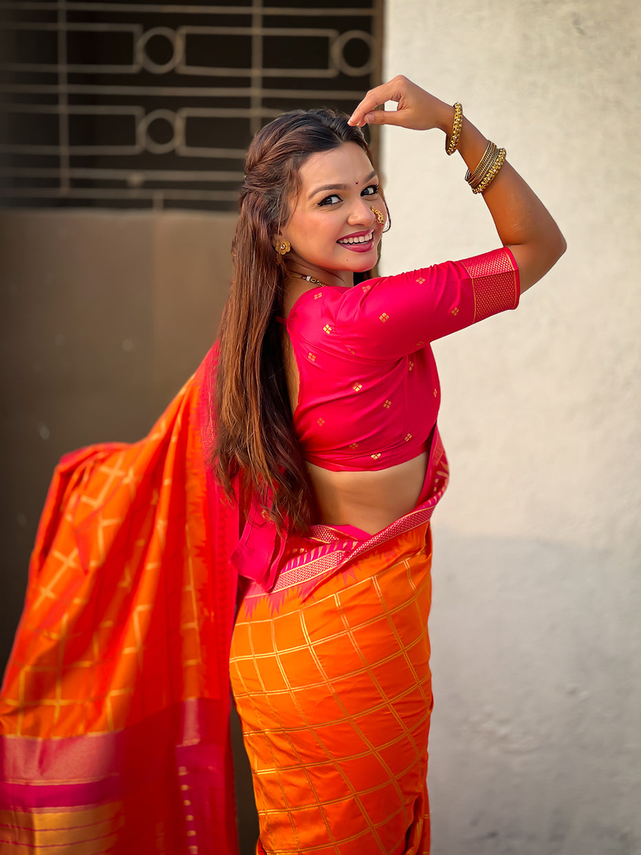 Orange Soft Silk Checks Traditional Zari Contrast Soft Silk Saree Paithani Saree Anant Tex Exports Pvt.Ltd..