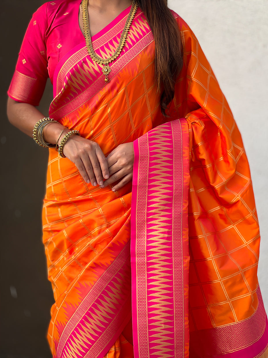 Orange Soft Silk Checks Traditional Zari Contrast Soft Silk Saree Paithani Saree Anant Tex Exports Pvt.Ltd..