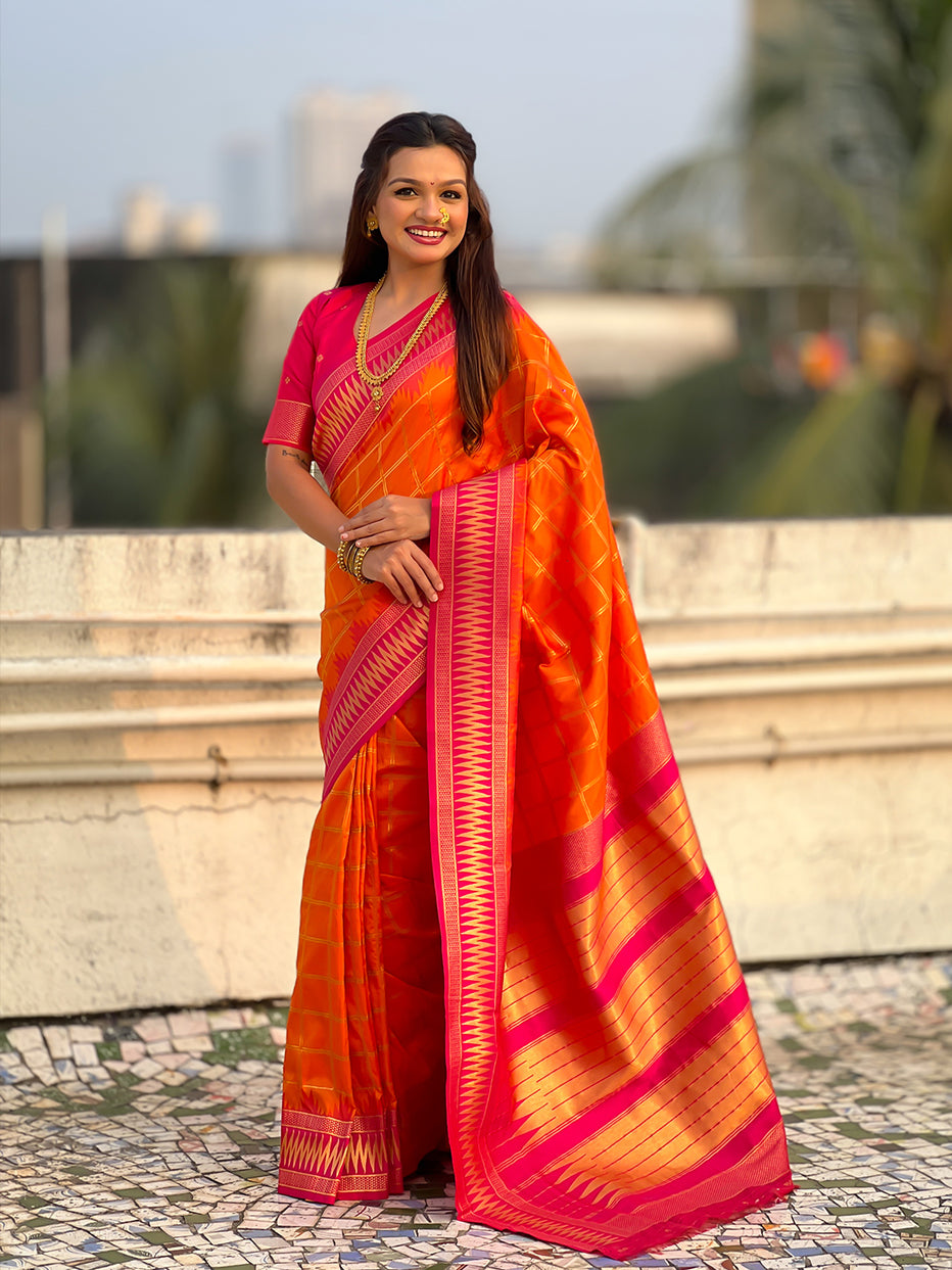 Orange Soft Silk Checks Traditional Zari Contrast Soft Silk Saree