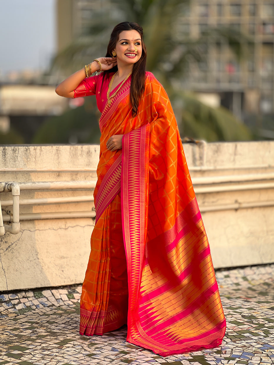 Orange Soft Silk Checks Traditional Zari Contrast Soft Silk Saree