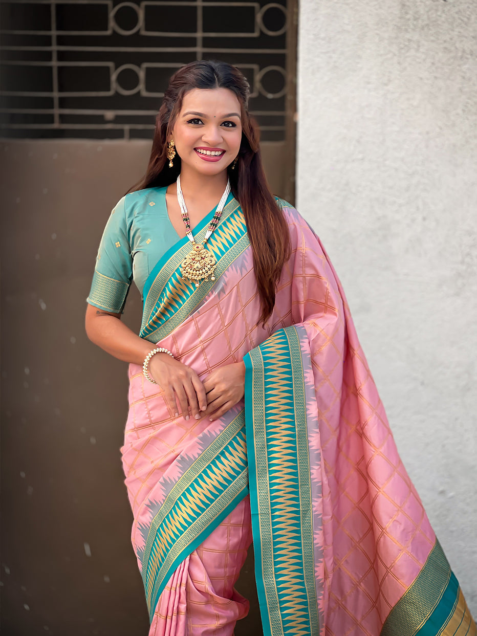 Baby Pink Soft Silk Checks Traditional Zari Contrast Soft Silk Saree