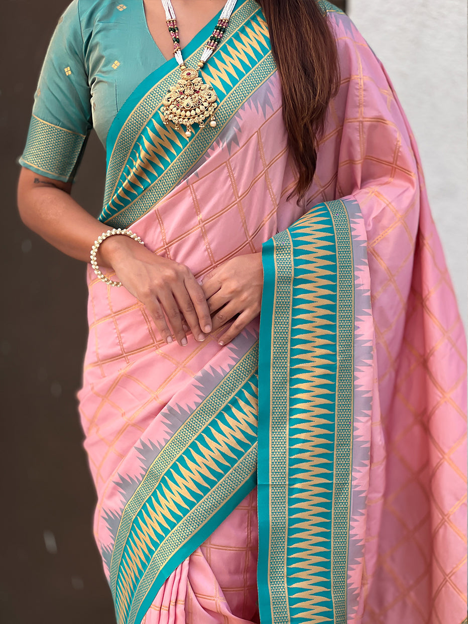 Baby Pink Soft Silk Checks Traditional Zari Contrast Soft Silk Saree