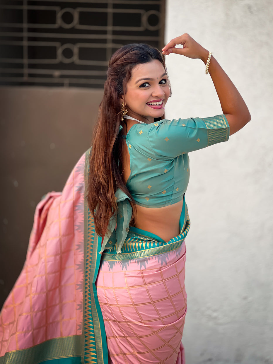 Baby Pink Soft Silk Checks Traditional Zari Contrast Soft Silk Saree
