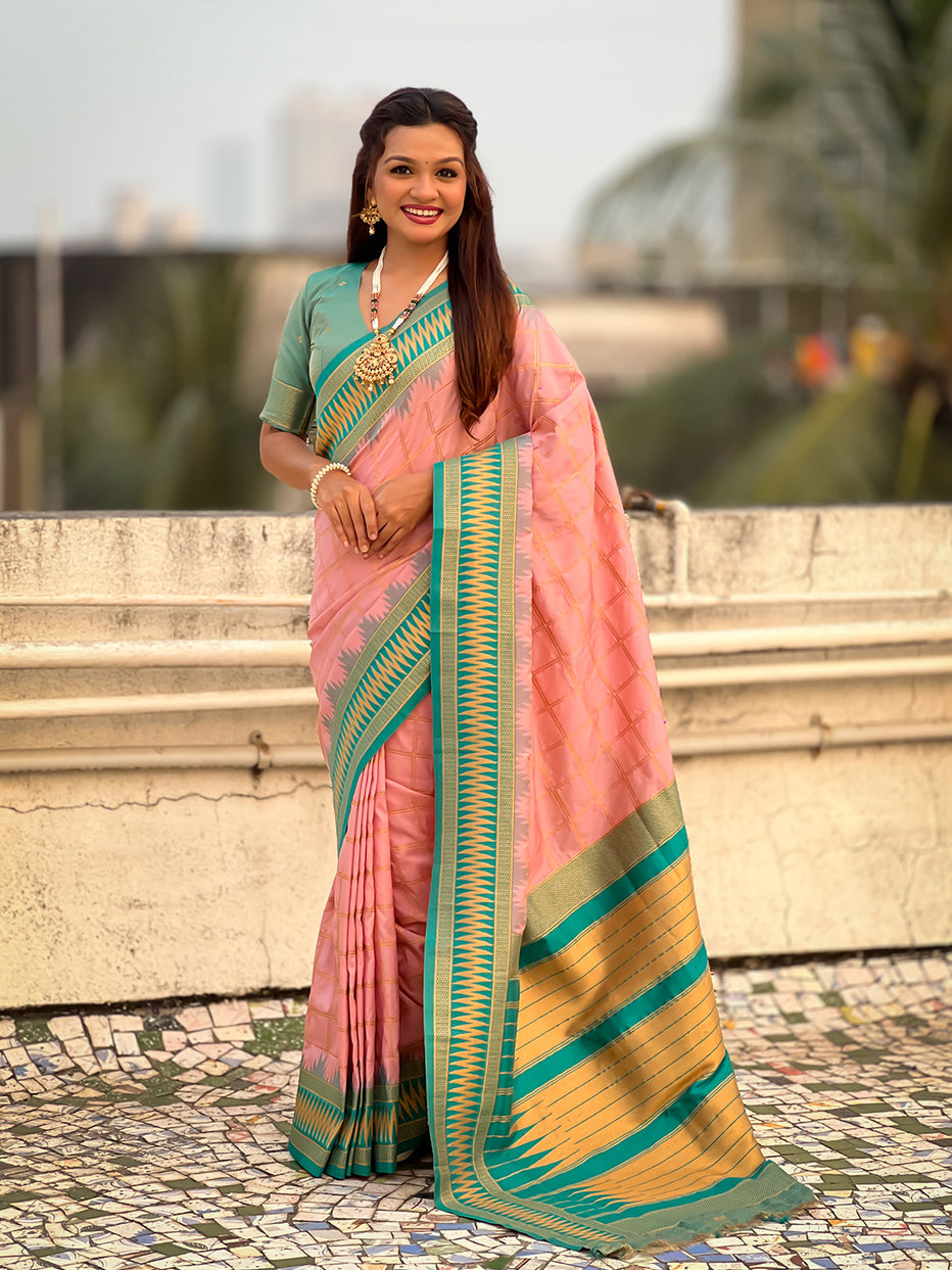 Baby Pink Soft Silk Checks Traditional Zari Contrast Soft Silk Saree