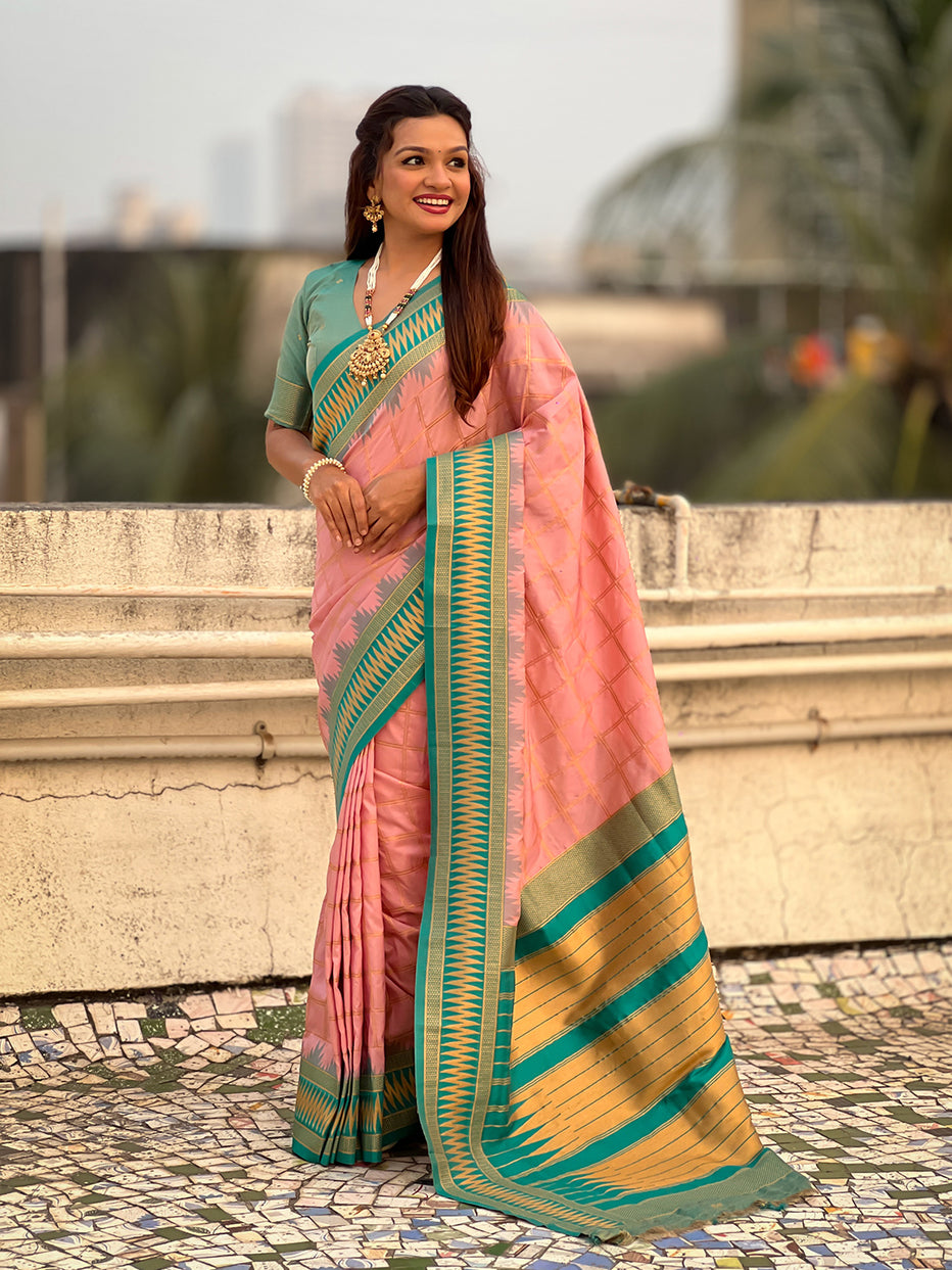 Baby Pink Soft Silk Checks Traditional Zari Contrast Soft Silk Saree