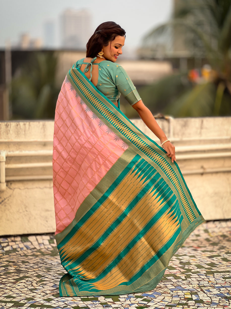 Baby Pink Soft Silk Checks Traditional Zari Contrast Soft Silk Saree