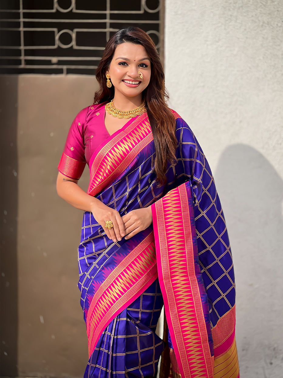 Violet Soft Silk Checks Traditional Zari Contrast Soft Silk Saree