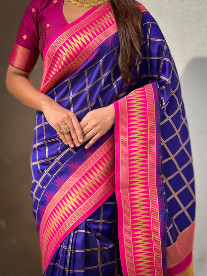 Violet Soft Silk Checks Traditional Zari Contrast Soft Silk Saree Paithani Saree Anant Tex Exports Pvt.Ltd..