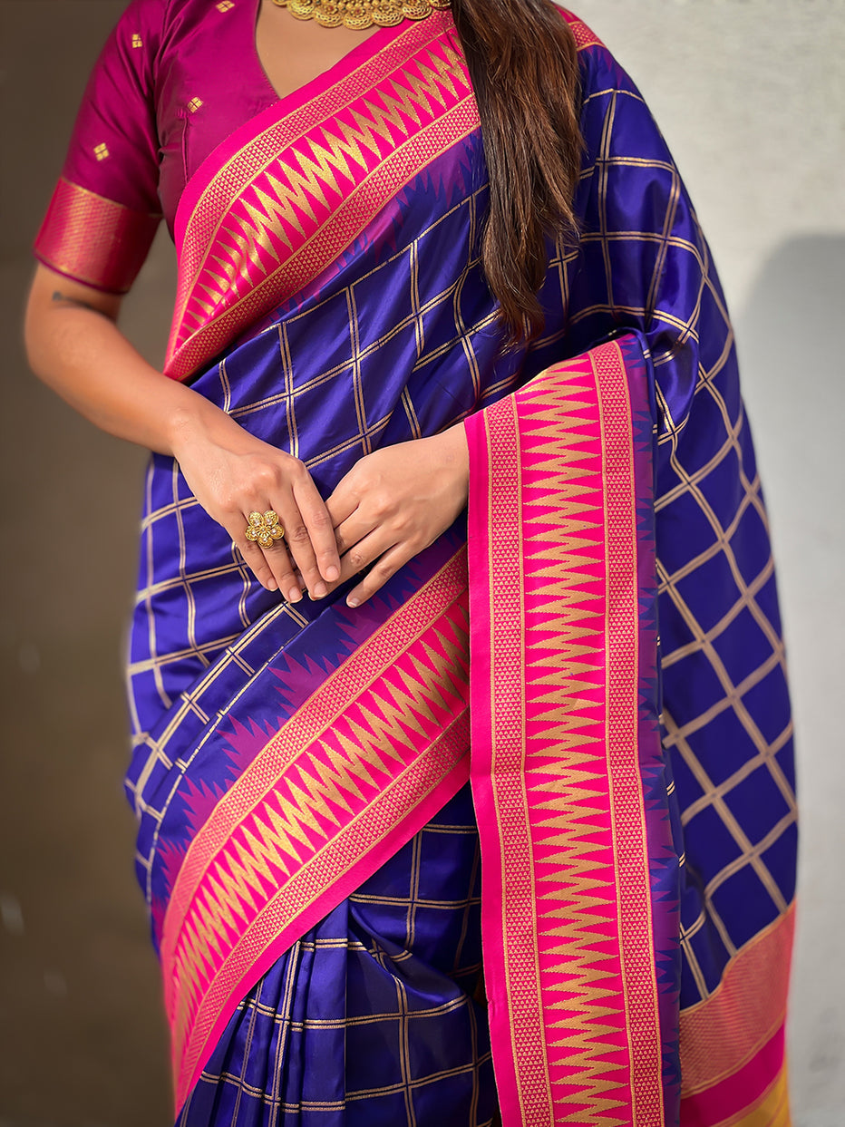 Violet Soft Silk Checks Traditional Zari Contrast Soft Silk Saree
