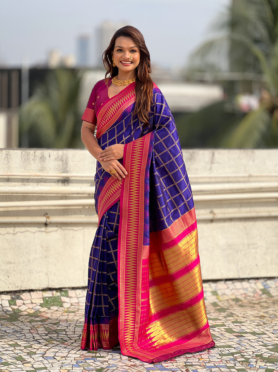 Violet Soft Silk Checks Traditional Zari Contrast Soft Silk Saree