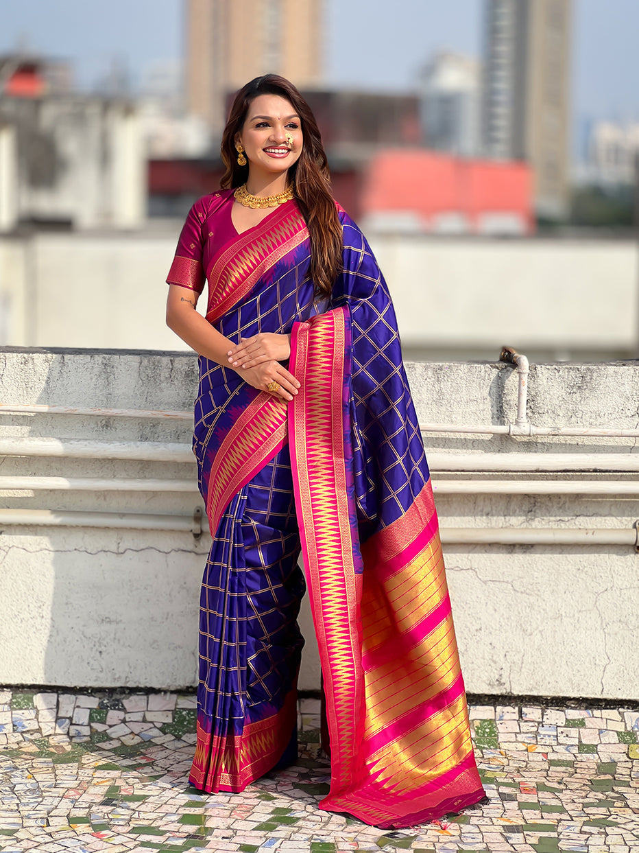 Violet Soft Silk Checks Traditional Zari Contrast Soft Silk Saree