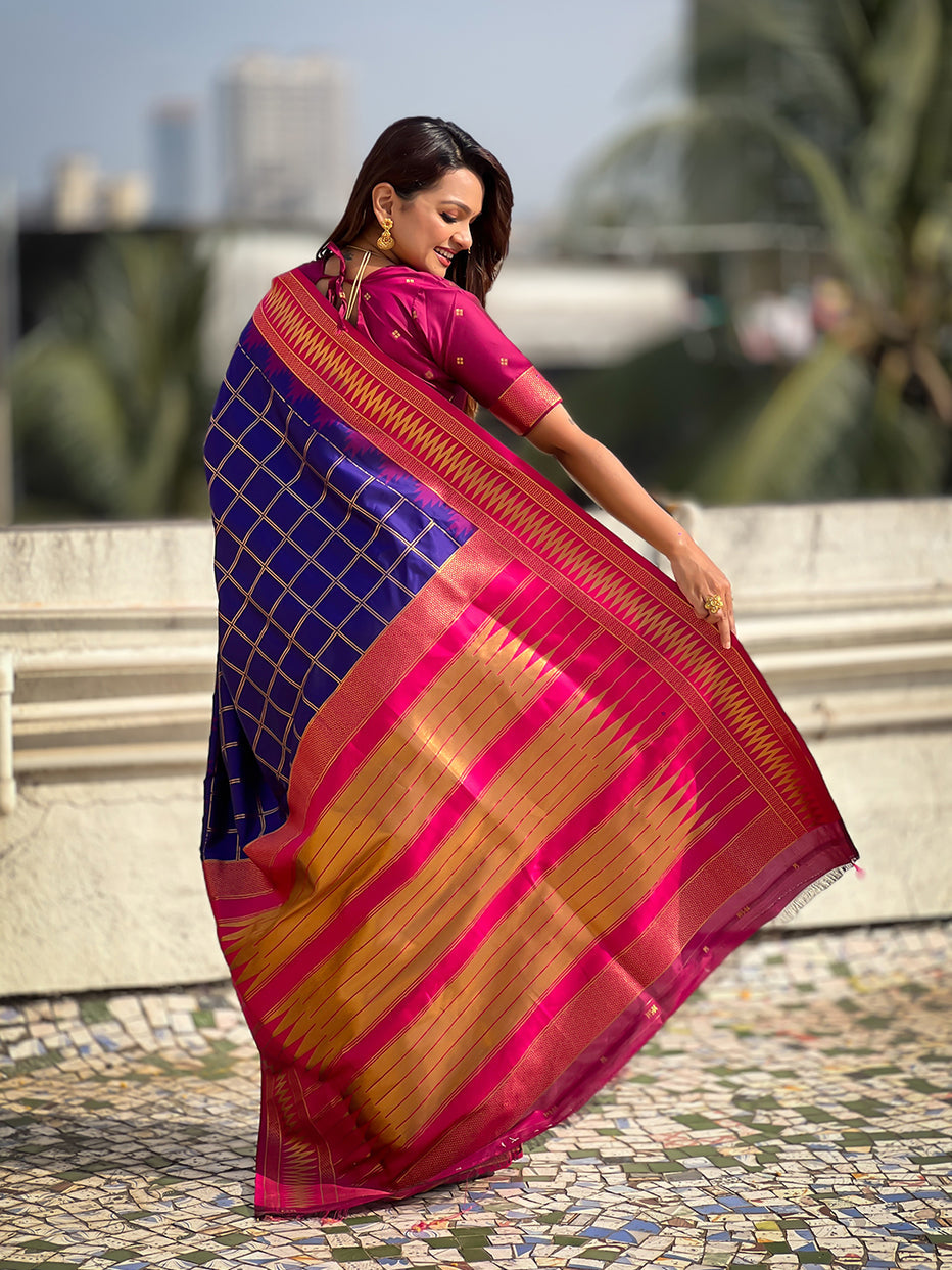 Violet Soft Silk Checks Traditional Zari Contrast Soft Silk Saree Paithani Saree Anant Tex Exports Pvt.Ltd..