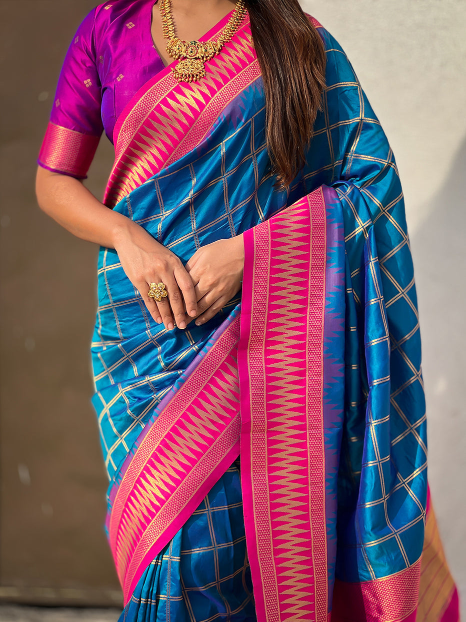 Blue Soft Silk Checks Traditional Zari Contrast Soft Silk Saree