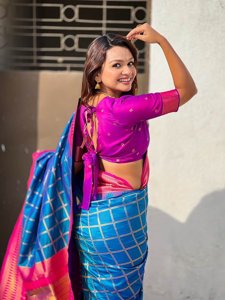 Blue Soft Silk Checks Traditional Zari Contrast Soft Silk Saree Paithani Saree Anant Tex Exports Pvt.Ltd..