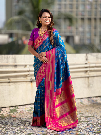 Blue Soft Silk Checks Traditional Zari Contrast Soft Silk Saree Paithani Saree Anant Tex Exports Pvt.Ltd..