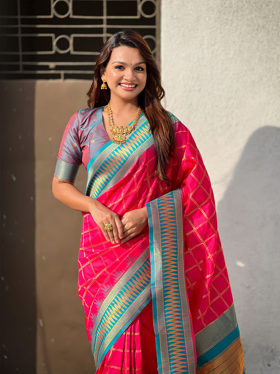 Pink Soft Silk Checks Traditional Zari Contrast Soft Silk Saree Paithani Saree Anant Tex Exports Pvt.Ltd..