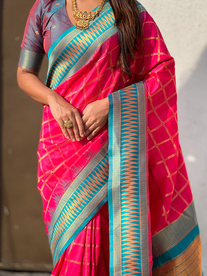 Pink Soft Silk Checks Traditional Zari Contrast Soft Silk Saree Paithani Saree Anant Tex Exports Pvt.Ltd..