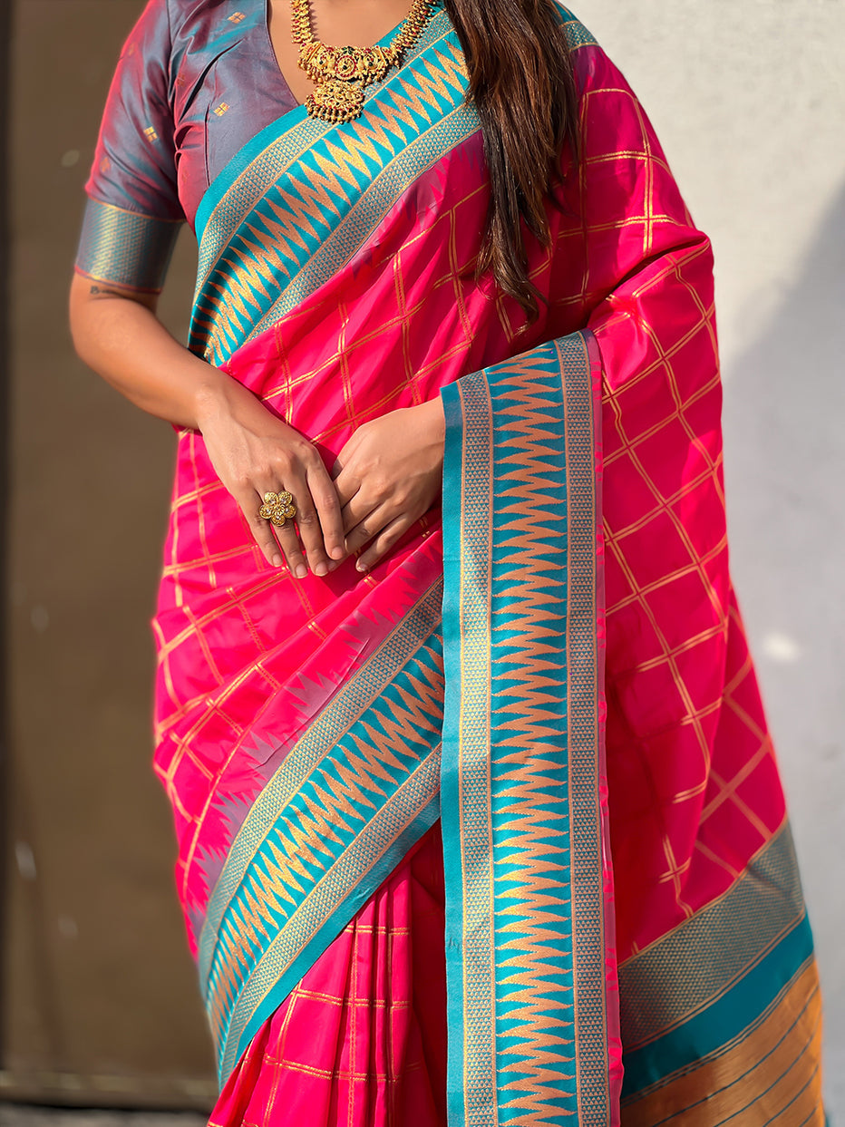 Pink Soft Silk Checks Traditional Zari Contrast Soft Silk Saree