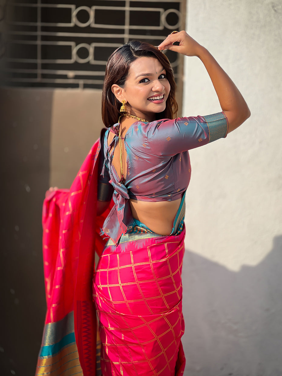 Pink Soft Silk Checks Traditional Zari Contrast Soft Silk Saree