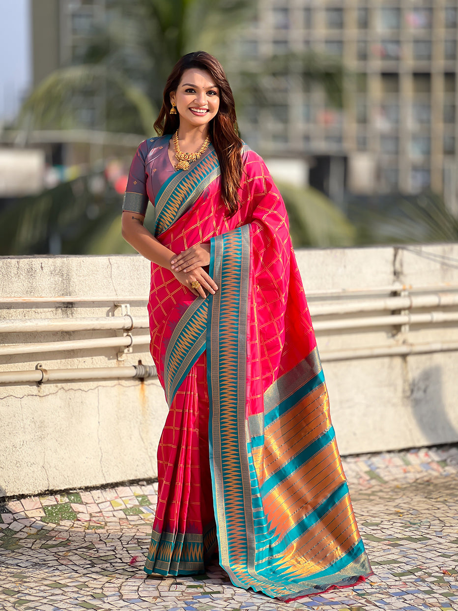 Pink Soft Silk Checks Traditional Zari Contrast Soft Silk Saree