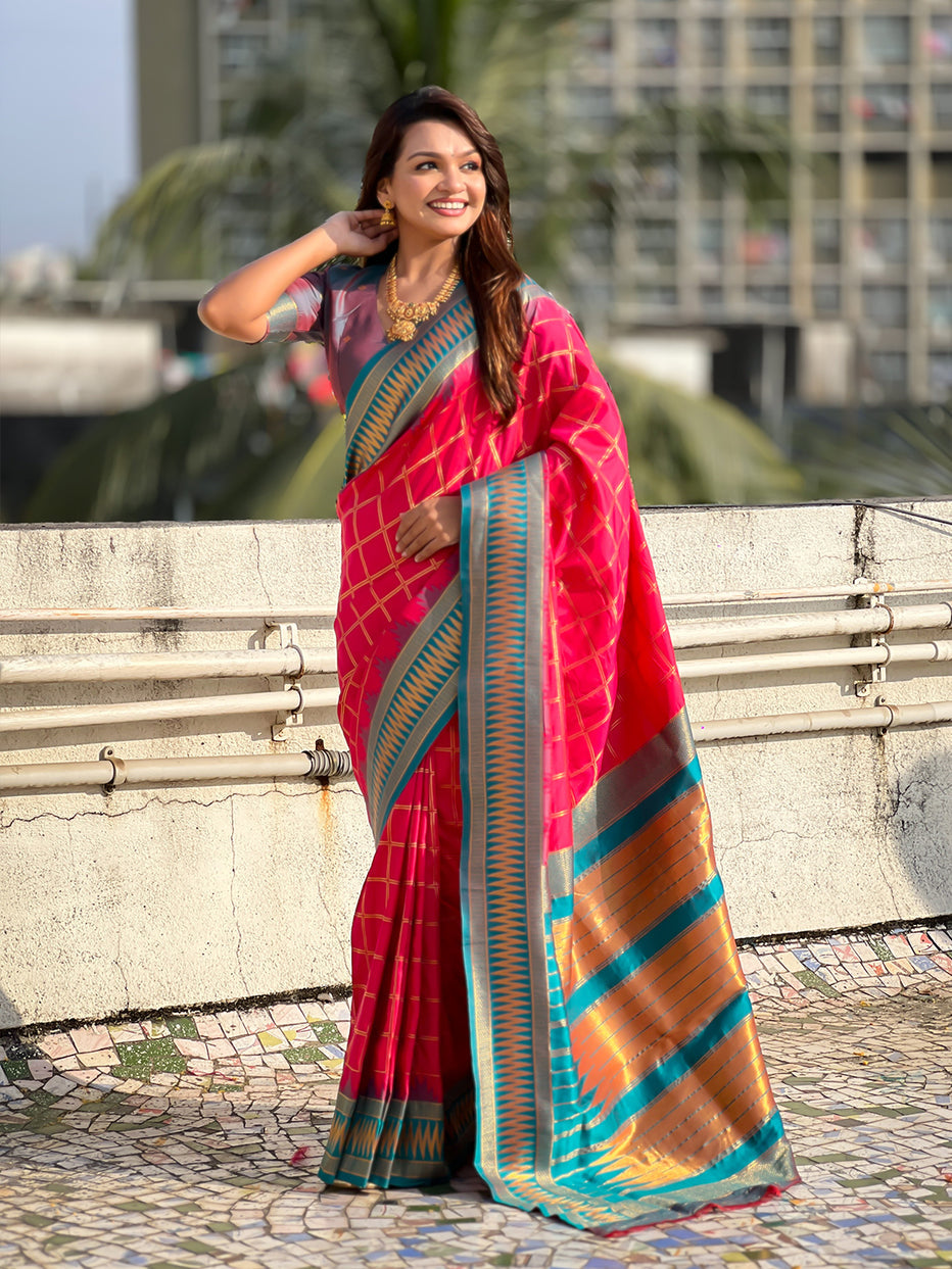 Pink Soft Silk Checks Traditional Zari Contrast Soft Silk Saree