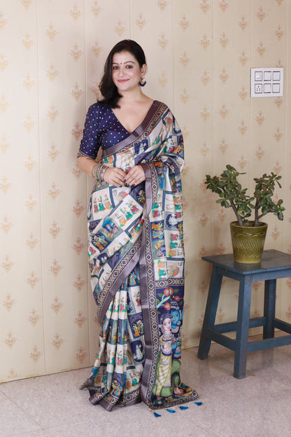 Blue Pure Tussar Silk Bold Kalamkari Figure Printed Tussar Saree Tussar Saree Anant Tex Exports Pvt.Ltd..