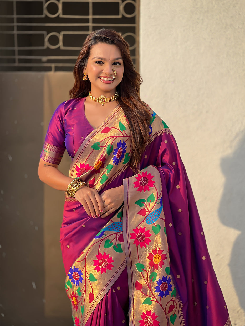 Wine Pure Paithani Silk Zari Woven Big Border Paithani Saree 