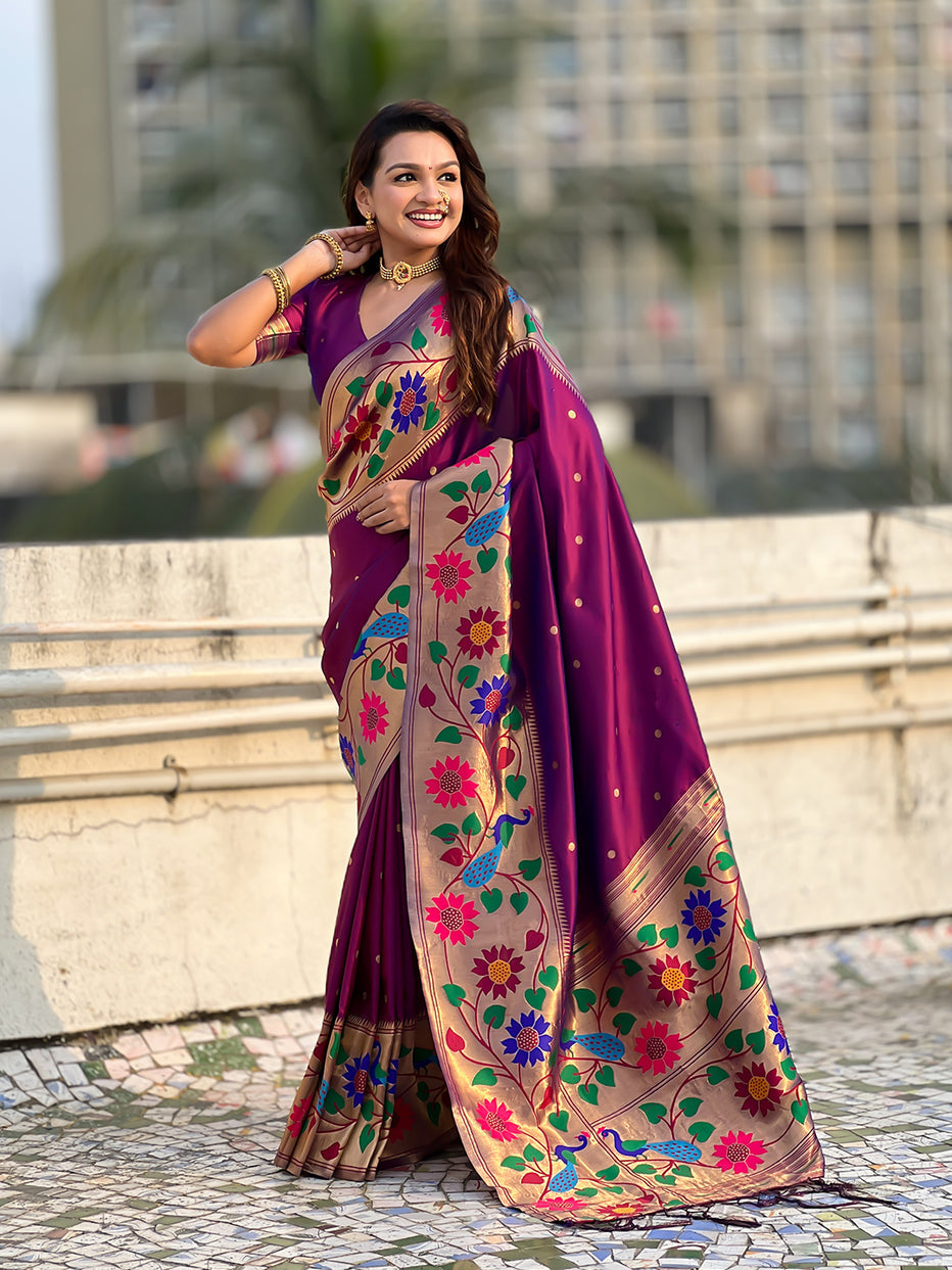 Wine Pure Paithani Silk Zari Woven Big Border Paithani Saree 