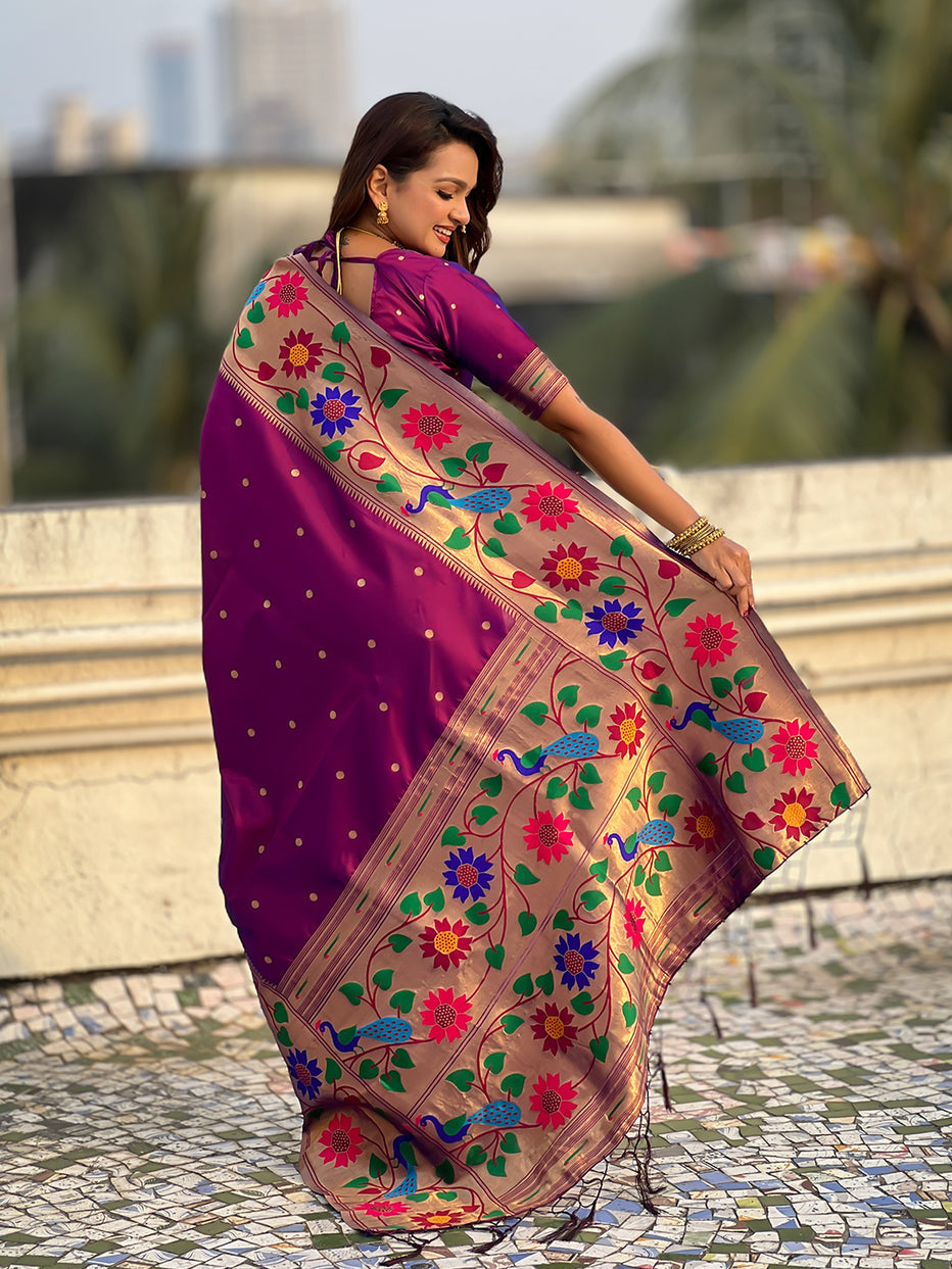 Wine Pure Paithani Silk Zari Woven Big Border Paithani Saree 