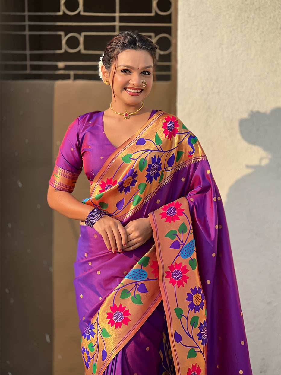Purple Pure Paithani Silk Zari Woven Big Border Paithani Saree 