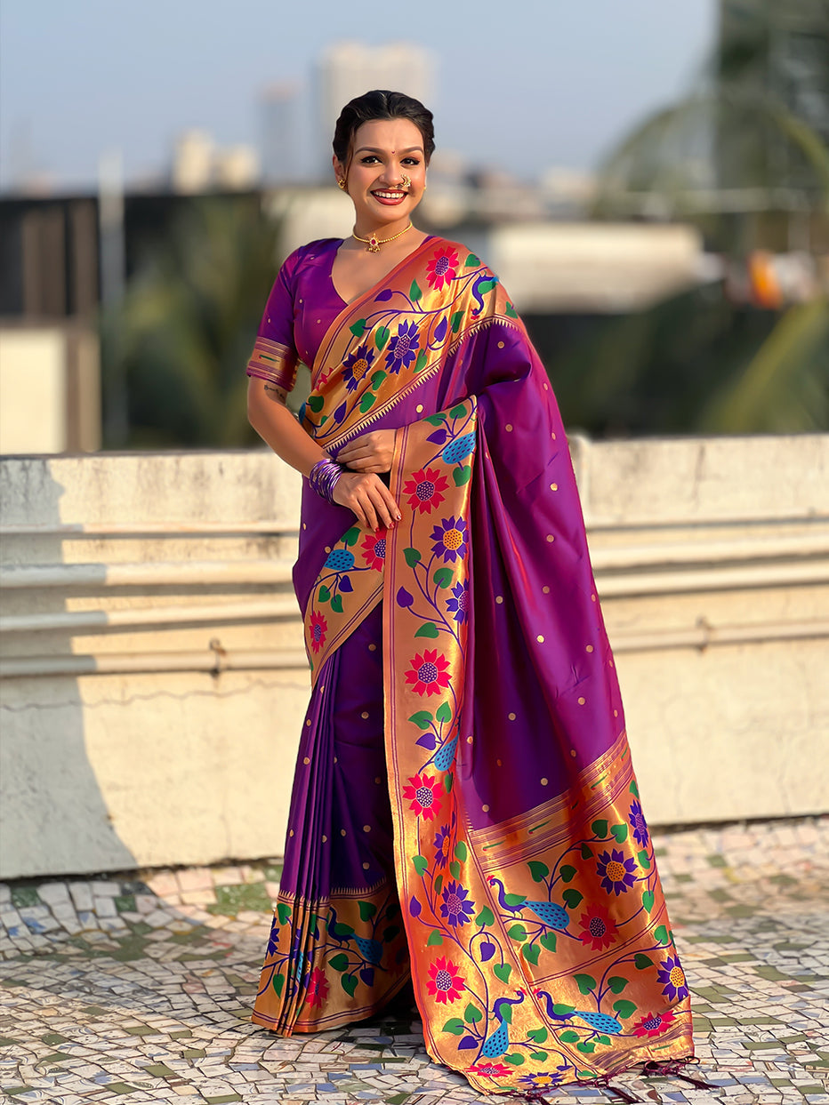 Purple Pure Paithani Silk Zari Woven Big Border Paithani Saree 